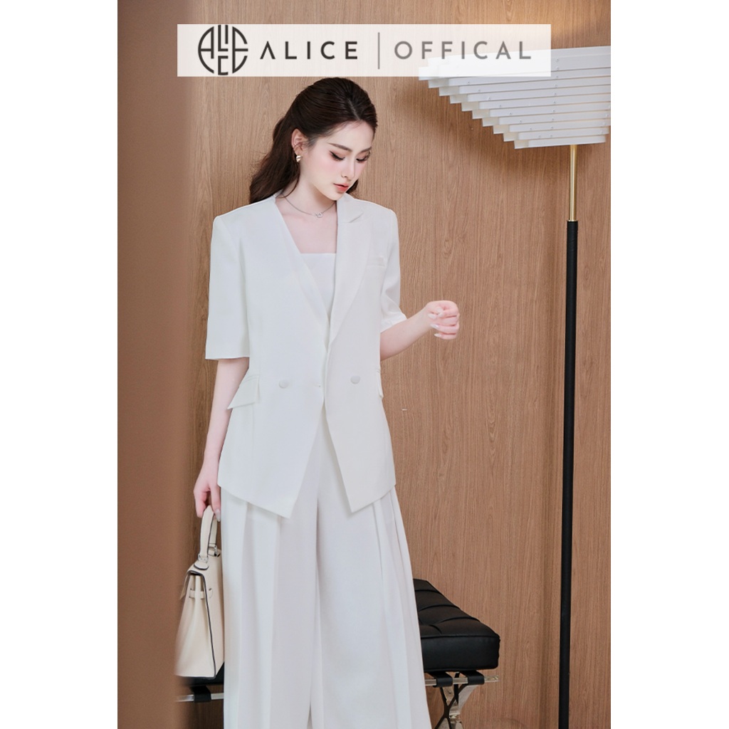 Set Công Sở Thanh Lịch Alice Chất Chéo Rubi 3 Chi Tiết Áo Quây 2 Dây, Quần Dài Ống Rộng Xếp Ly Kèm Blazer Cổ Gấp T390-SX