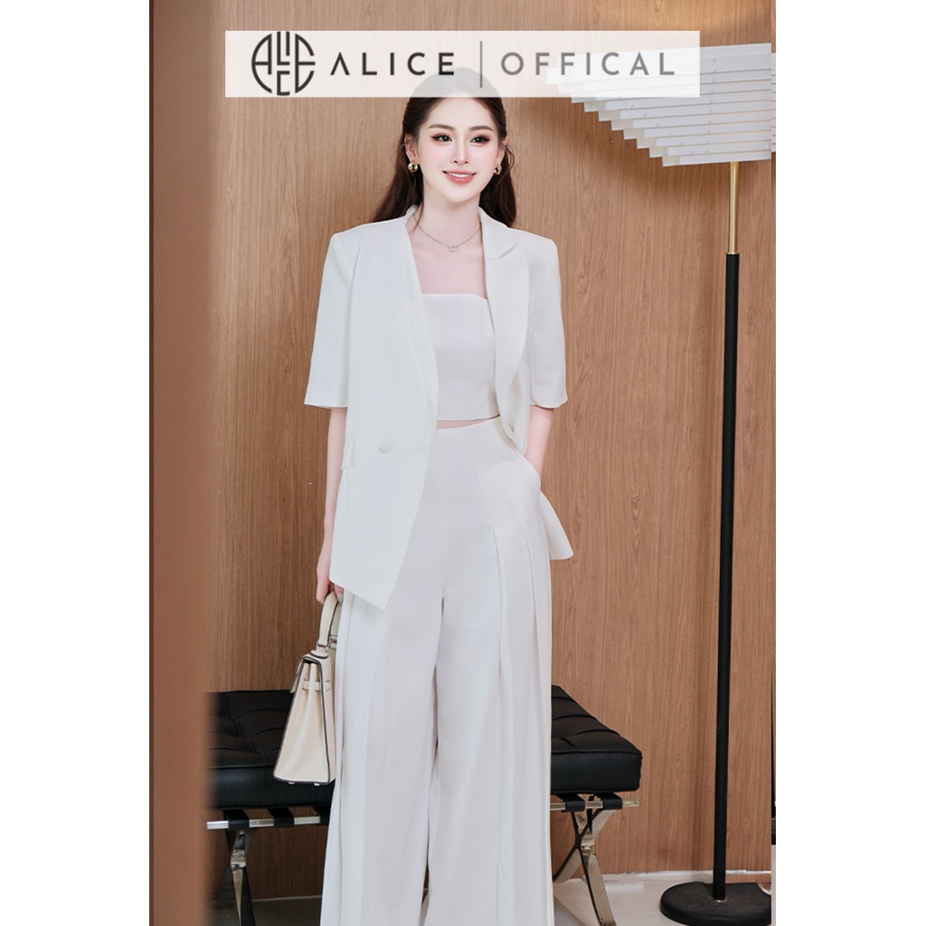 Set Công Sở Thanh Lịch Alice Chất Chéo Rubi 3 Chi Tiết Áo Quây 2 Dây, Quần Dài Ống Rộng Xếp Ly Kèm Blazer Cổ Gấp T390-SX