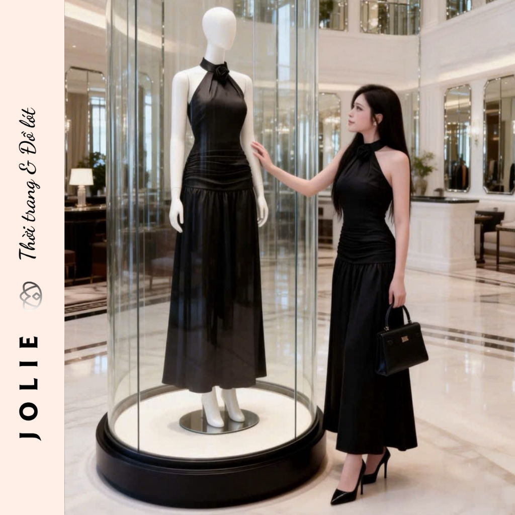 Đầm Dạ Hội Cổ Yếm Đính Hoa Chiết Eo Dáng Dài Sang Trọng JOLIE