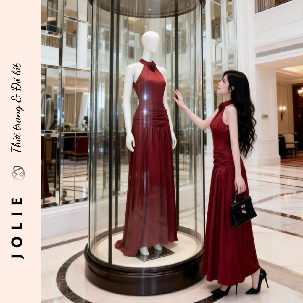 Đầm Dạ Hội Cổ Yếm Đính Hoa Chiết Eo Dáng Dài Sang Trọng JOLIE