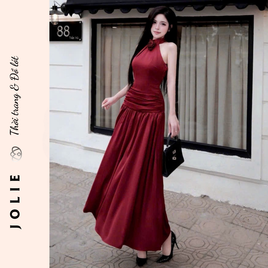 Đầm Dạ Hội Cổ Yếm Đính Hoa Chiết Eo Dáng Dài Sang Trọng JOLIE