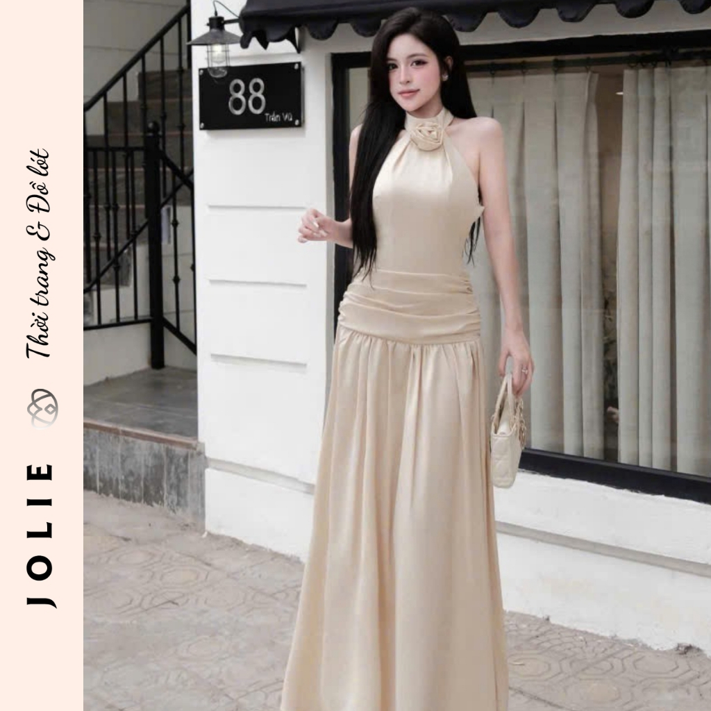Đầm Dạ Hội Cổ Yếm Đính Hoa Chiết Eo Dáng Dài Sang Trọng JOLIE