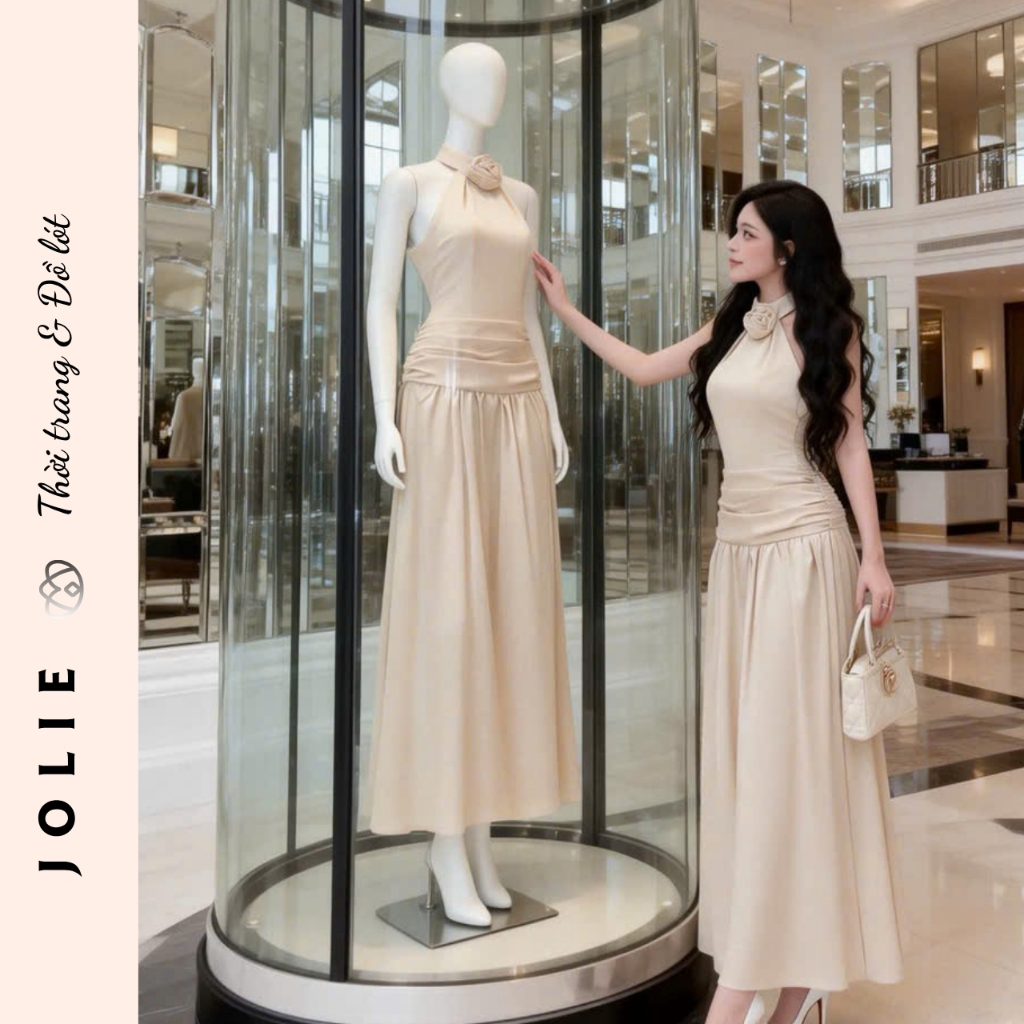 Đầm Dạ Hội Cổ Yếm Đính Hoa Chiết Eo Dáng Dài Sang Trọng JOLIE