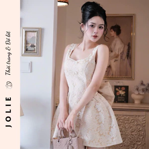 Váy Gấm Hoa Nổi Dáng Xòe Phối Nơ Lưng Cao Cấp Sang Trọng JOLIE