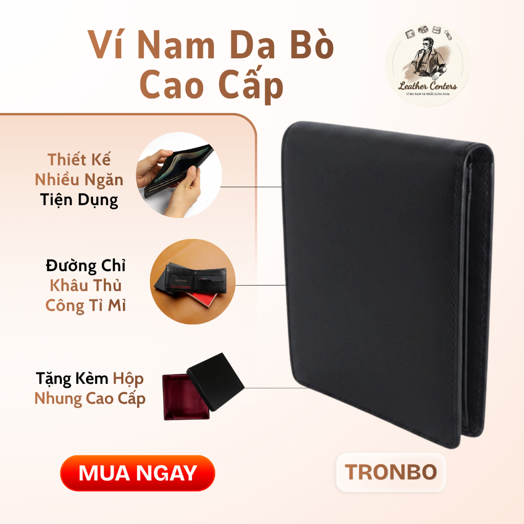 Ví Nam Da Bò Cao Cấp Chính Hãng - Không Tróc, Nhiều Ngăn, Tặng Kèm Hộp Dùng Làm Quà Tặng | TRONBO - 1