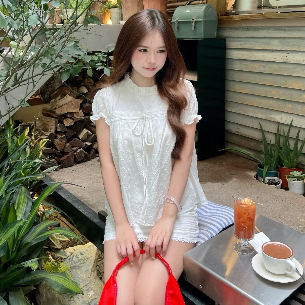 Set áo cổ viền bèo thắt dây nơ kèm chân váy A cạp sau chun phối ren điệu đà LALA S62