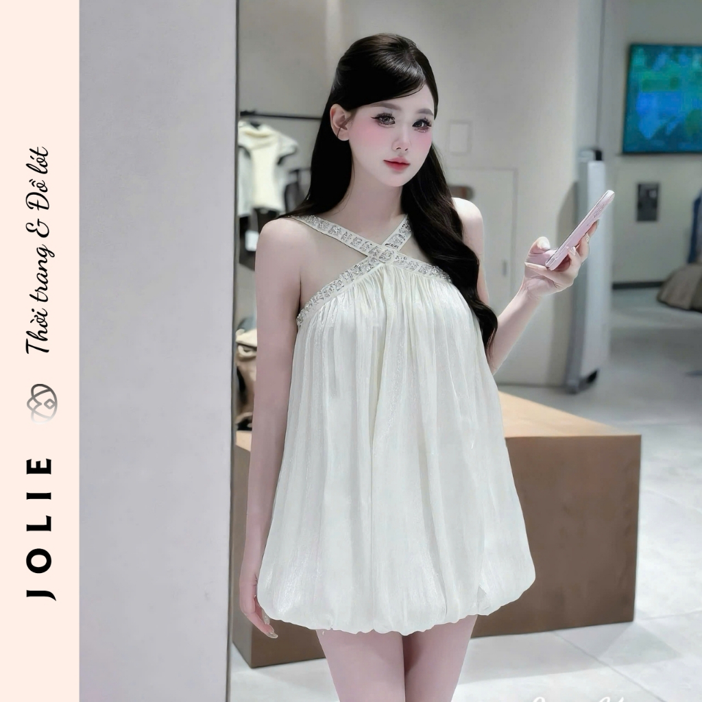 Váy Yếm Tơ Ánh Kim Dáng Xòe Đính Đá Cổ Chéo Sang Trọng JOLIE