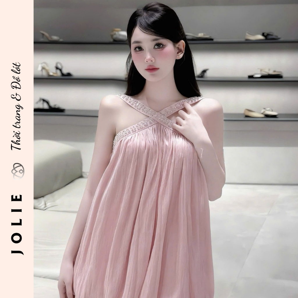 Váy Yếm Tơ Ánh Kim Dáng Xòe Đính Đá Cổ Chéo Sang Trọng JOLIE