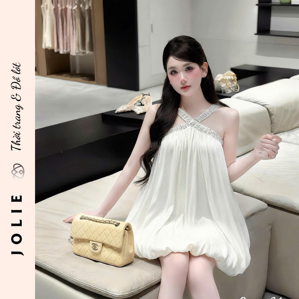 Váy Yếm Tơ Ánh Kim Dáng Xòe Đính Đá Cổ Chéo Sang Trọng JOLIE