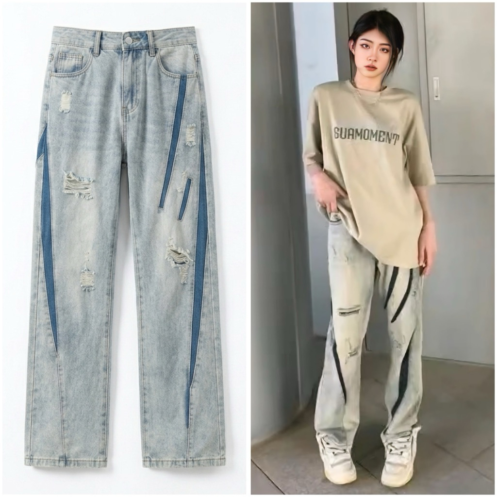 L6 Quần Jean Nam Nữ Sọc Xanh Cao Cấp Phong Cách Douyin