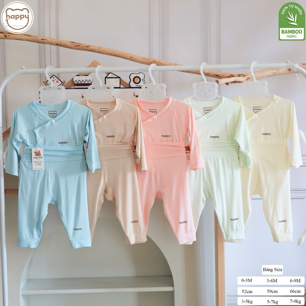 Bộ Sơ Sinh Cạp Cao Happy Kids Vải Petit Sợi Tre Siêu Mềm Mịn Mỏng Mát Cho Bé Từ 3-8.5kg (LPDT 29)
