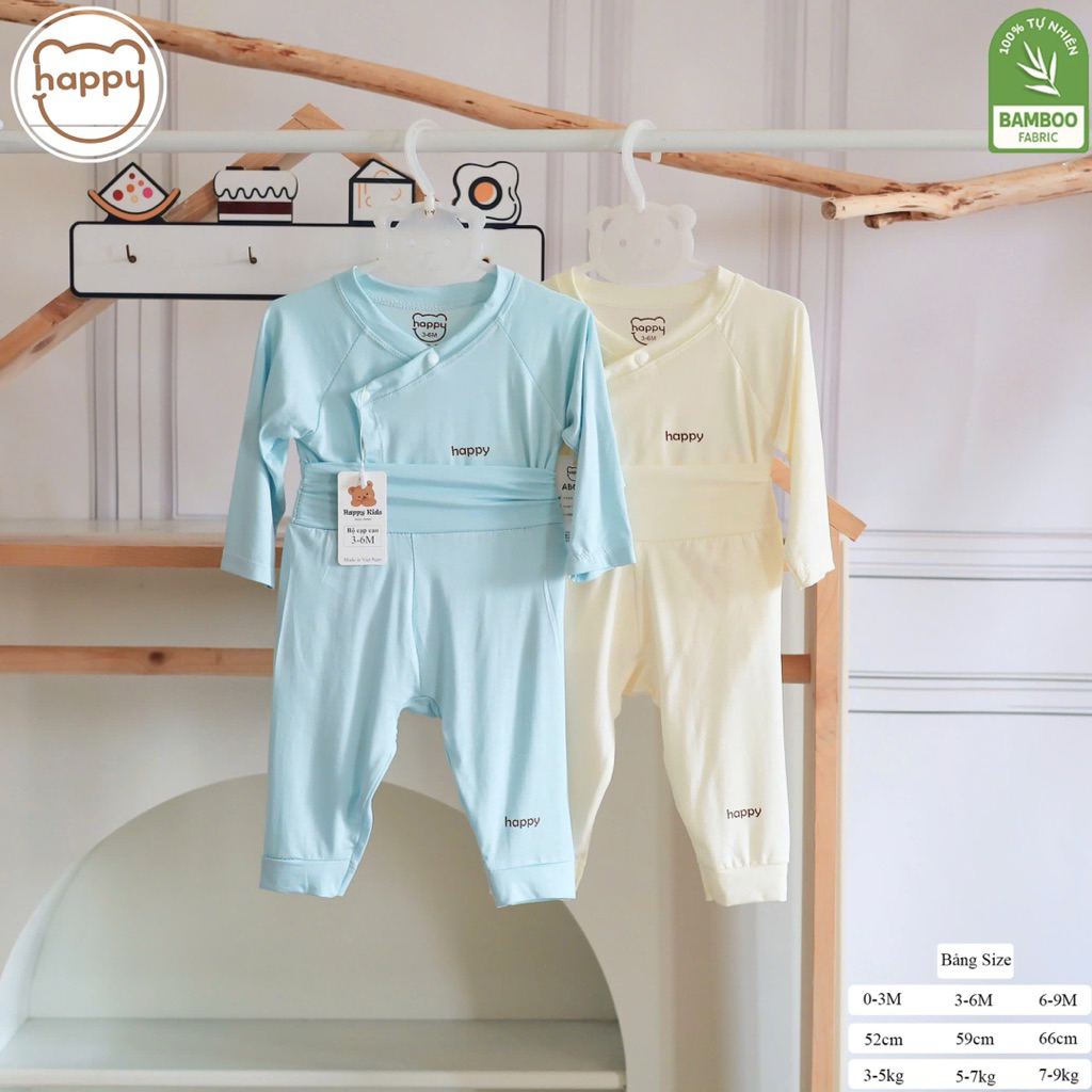 Bộ Sơ Sinh Cạp Cao Happy Kids Vải Petit Sợi Tre Siêu Mềm Mịn Mỏng Mát Cho Bé Từ 3-8.5kg (LPDT 29)