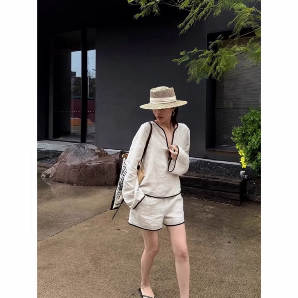 𝗟𝗲- Set Linen tay dài chạy viền