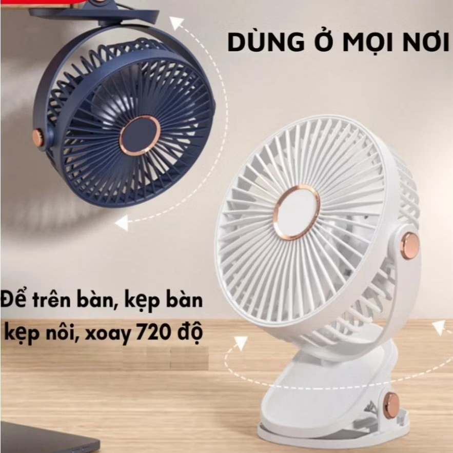 ￼( Loại 1)  Quạt tích điện kẹp bàn mini để bàn 5 mức độ kết hợp đèn ngủ, xoay 360 độ có bộ sạc quạt mini Phụ kiện