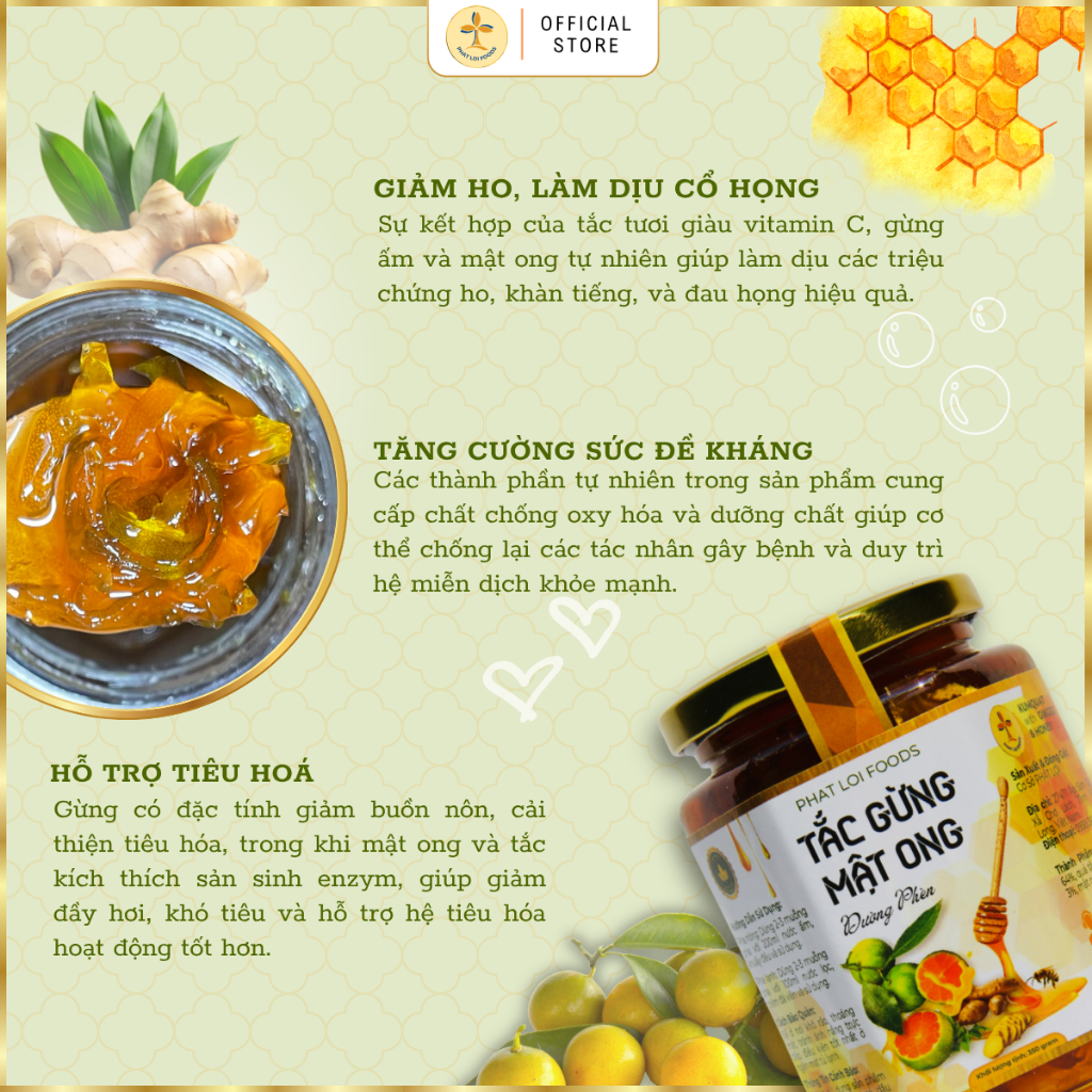 Tắc Gừng Mật Ong Đường Phèn Phat Loi Foods - Tặng Ly Thuỷ Tinh -  KHỐI LƯỢNG THỰC 200g - 350g- 650g