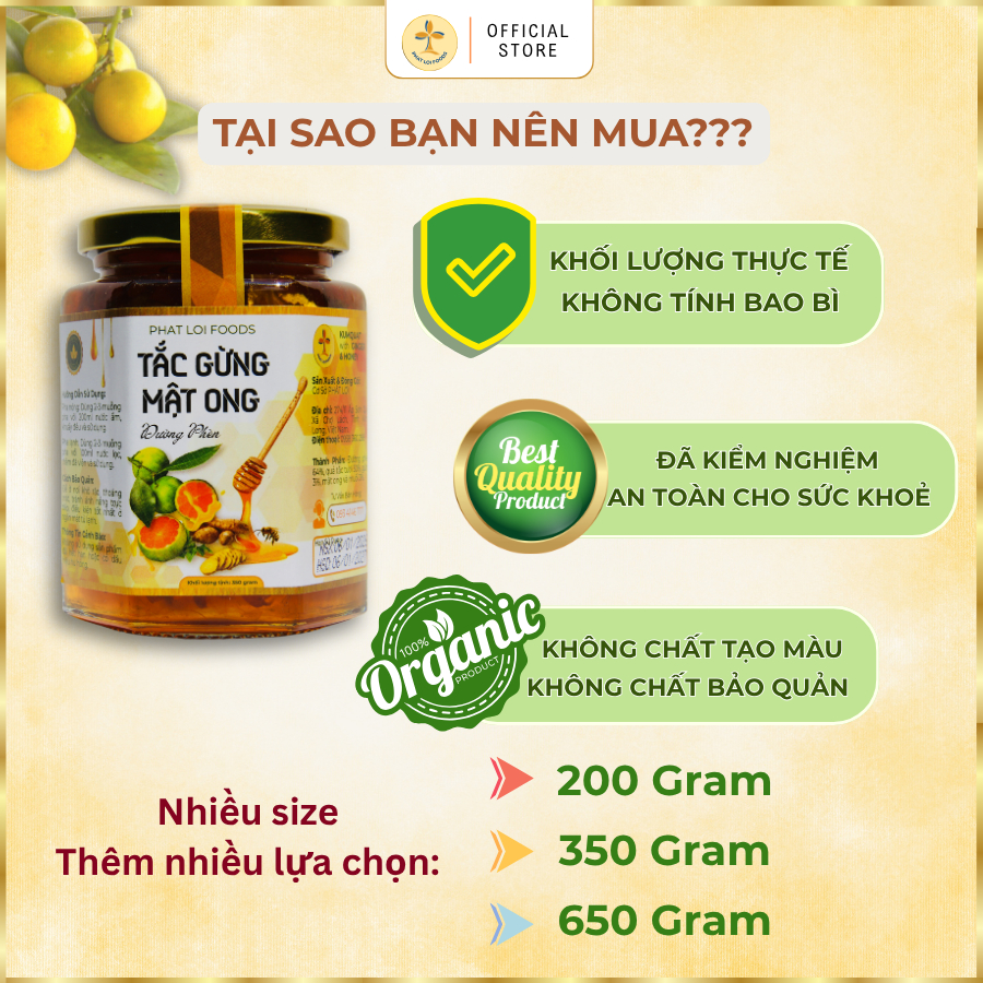 Tắc Gừng Mật Ong Đường Phèn Phat Loi Foods - Tặng Ly Thuỷ Tinh -  KHỐI LƯỢNG THỰC 200g - 350g- 650g