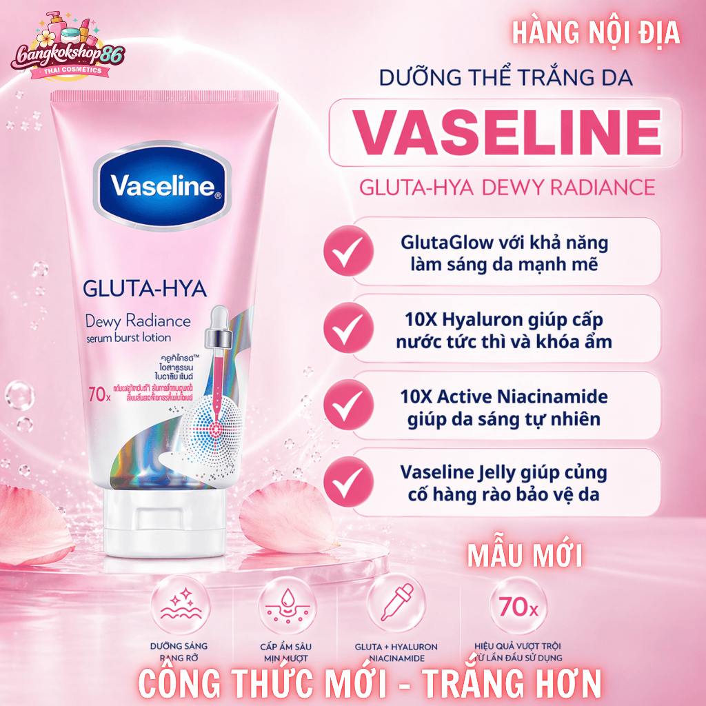 Vaseline Gluta Hya Dewy Radiance 300ml – Lotion Dưỡng Thể Sáng Da, Cấp Ẩm Mịn Màng, Thấm Nhanh Không Bết Dính - Nội Địa