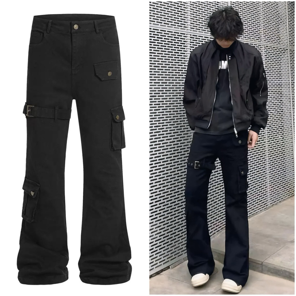 L5 Quần Jeans Nam Nữ Cargo Đai Khoá Màu Đen Cao Cấp Phong Cách Douyin