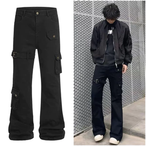 L5 Quần Jeans Nam Nữ Cargo Đai Khoá Màu Đen Cao Cấp Phong Cách Douyin