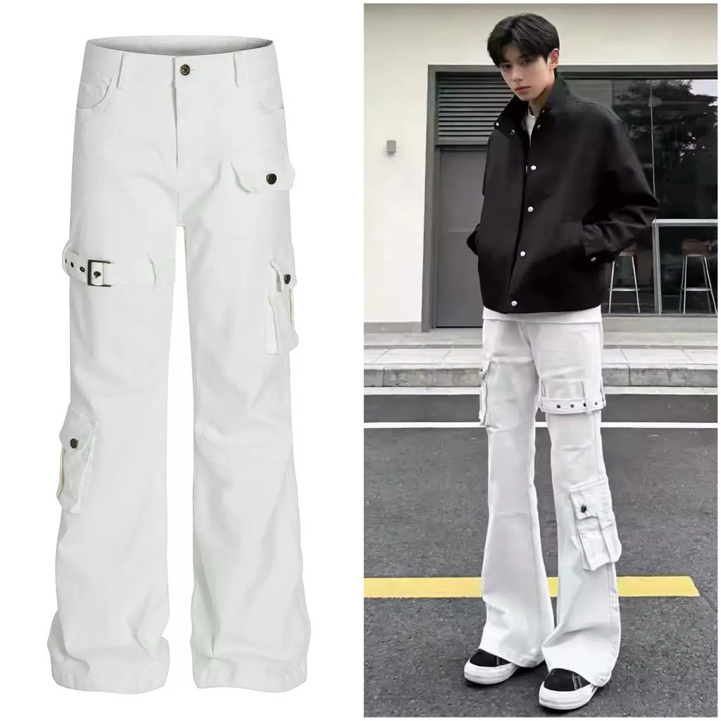 L7 Quần Jeans Nam Nữ Cargo Đai Khoá Màu Trắng Cao Cấp Phong Cách Douyin