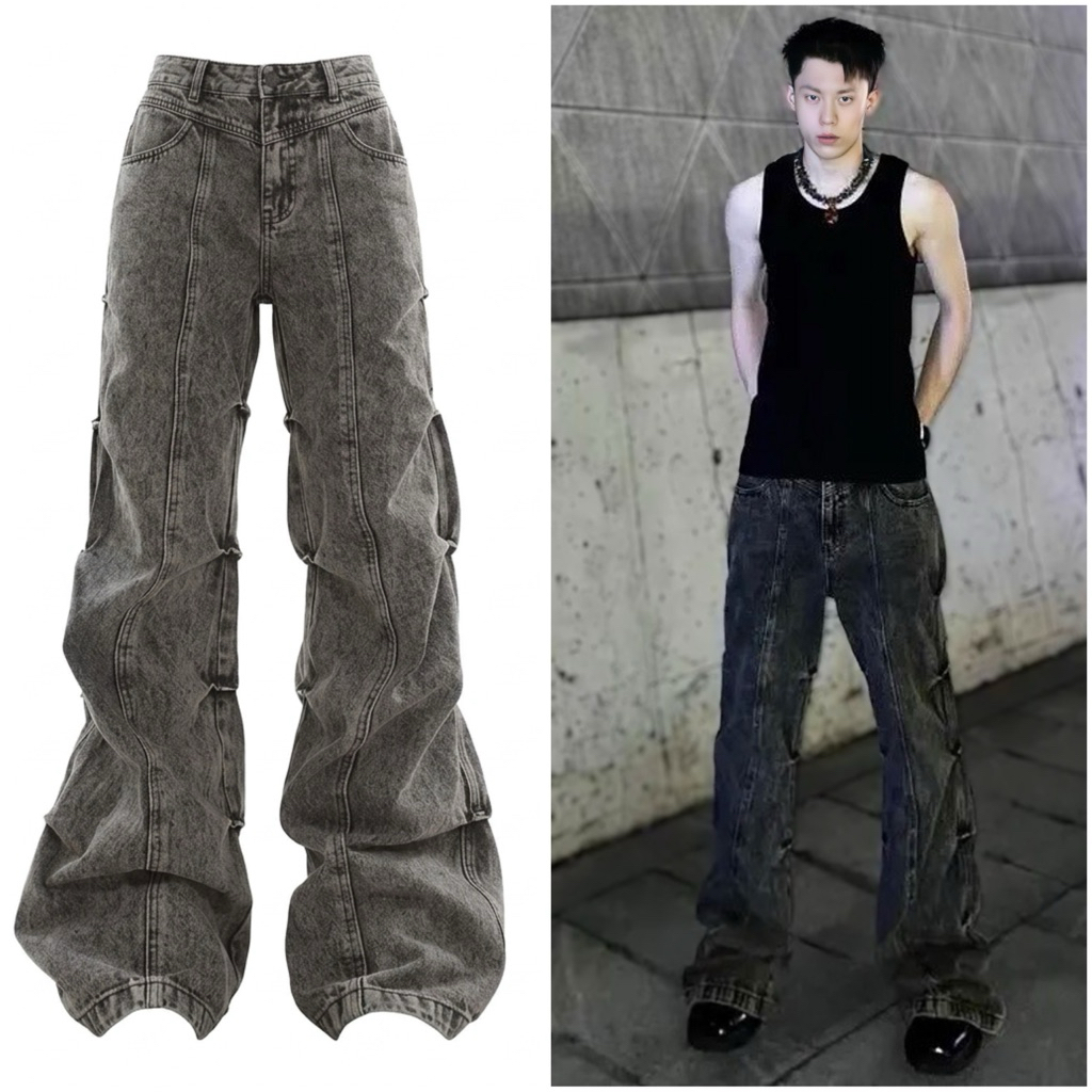 L8 Quần Jean Nam Nữ Wash Xám Khói - Gân Nổi Cao Cấp Phong Cách Douyin