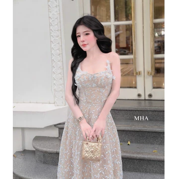 Váy đi dự tiệc, đầm dự tiệc ren lá 2 dây cổ vuông dáng xòe dài công chúa thiết kế tiểu thư sang chảnh dự tiệc LONA Rose