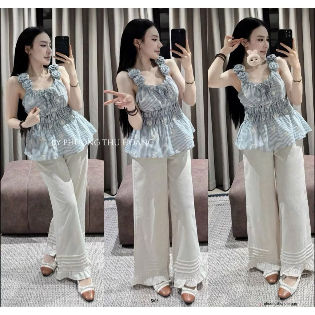 L99- sét bộ thiết kế, áo nhún sọc dây hoa kiểu mix quần đũi suông lai bèo (38-56kg)