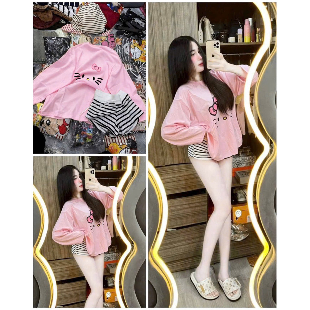 LK51- (Dale mở bán ) sét bộ thun zip in mèo tay dài mix quân đùi kẻ lưng thun (40-60kg)