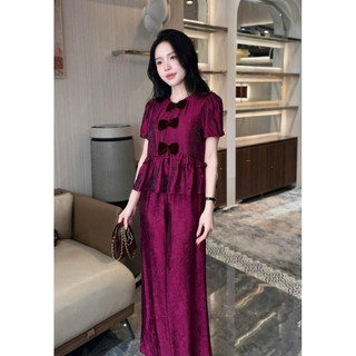Sét áo lụa cộc tay 3 nơ nhung + quần xuông lụa (có tách lẻ)