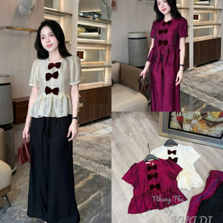 Sét áo lụa cộc tay 3 nơ nhung + quần xuông lụa (có tách lẻ)