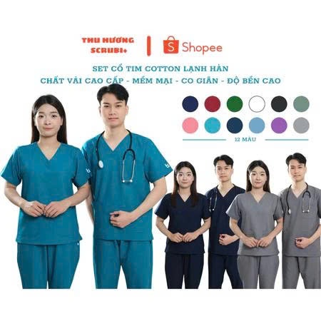 Bộ Scrubs cổ tim nhiều màu, chất vải cotton cao cấp, trẻ trung, thoáng mát, y tế, điều dưỡng