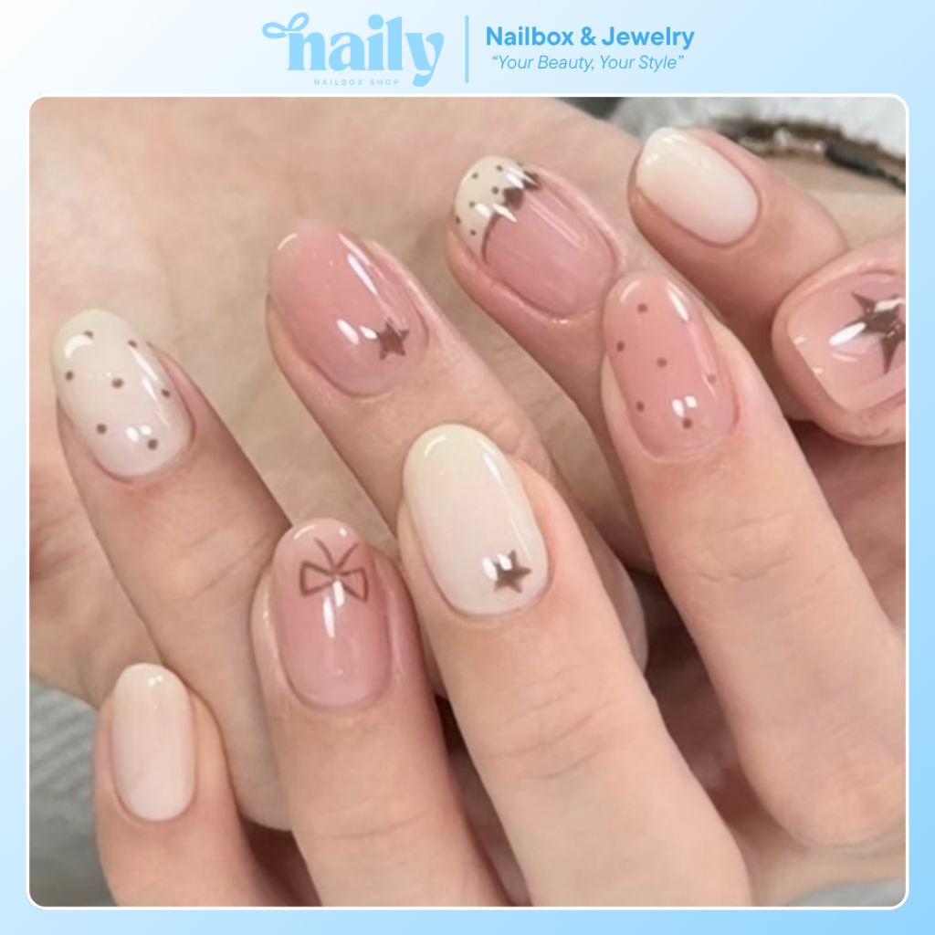 Nail Box 30 Móng Form Tròn Ngắn Họa Tiết Sao Nơ Phong Cách Y2K
