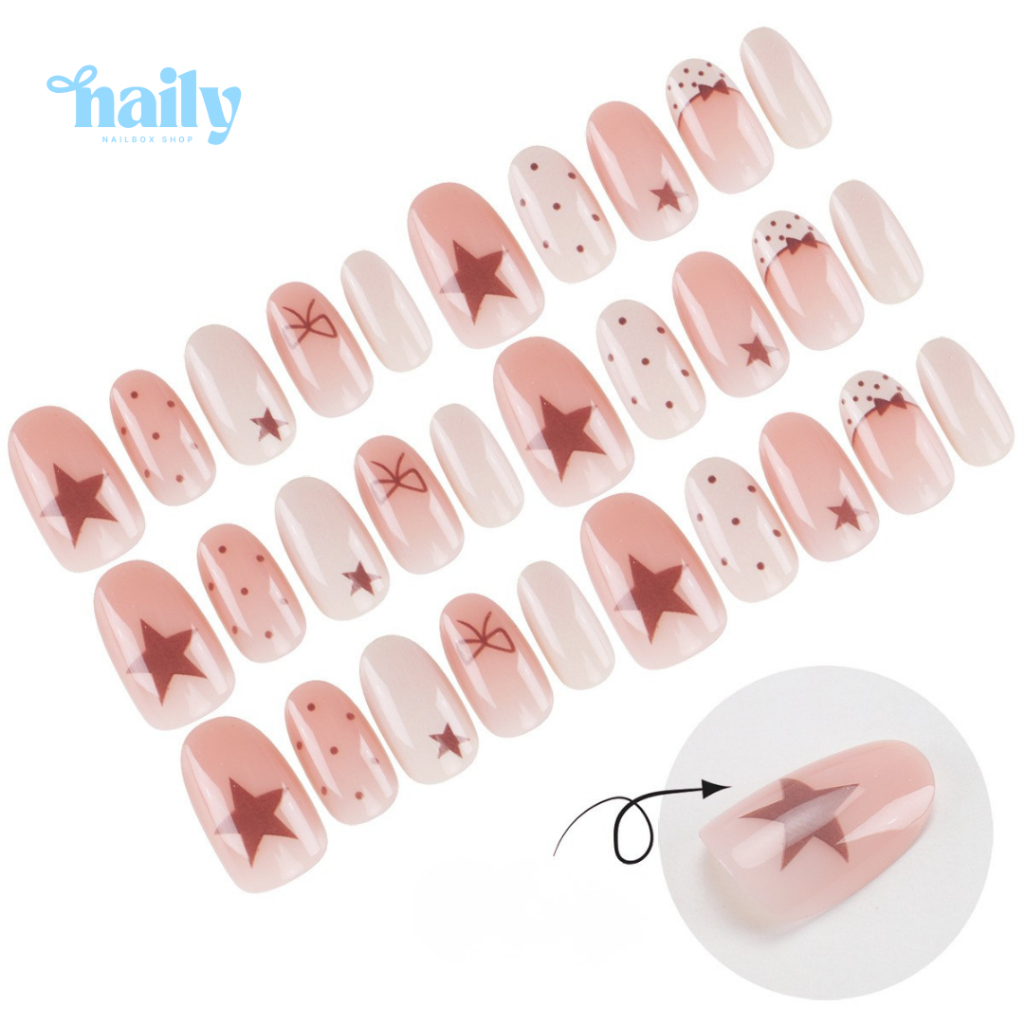 Nail Box 30 Móng Form Tròn Ngắn Họa Tiết Sao Nơ Phong Cách Y2K