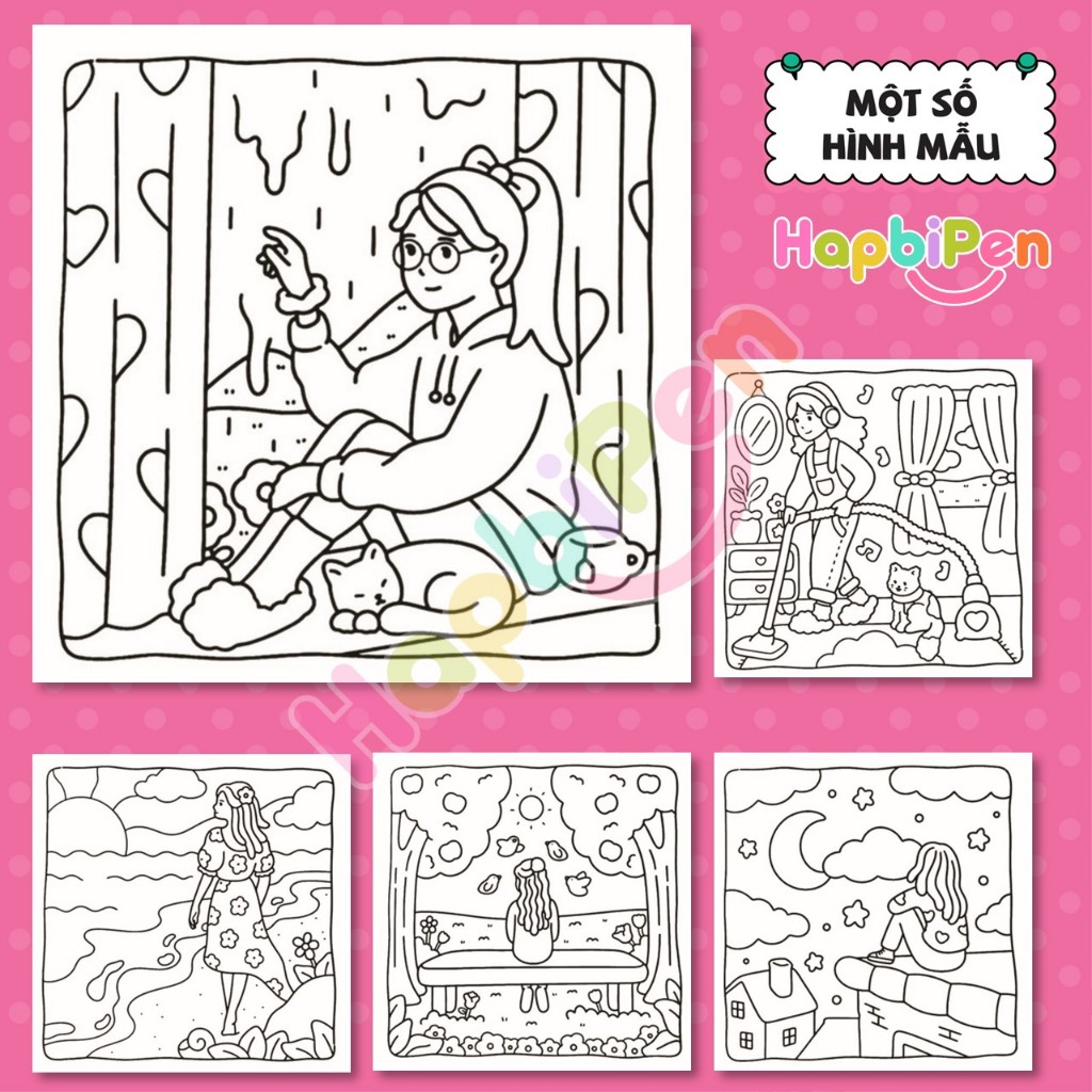Tranh tô màu Cozy cho bé, Tranh vẽ thư giãn Kawai Moments of Calm 39 tờ rời A4 A5 COZY10