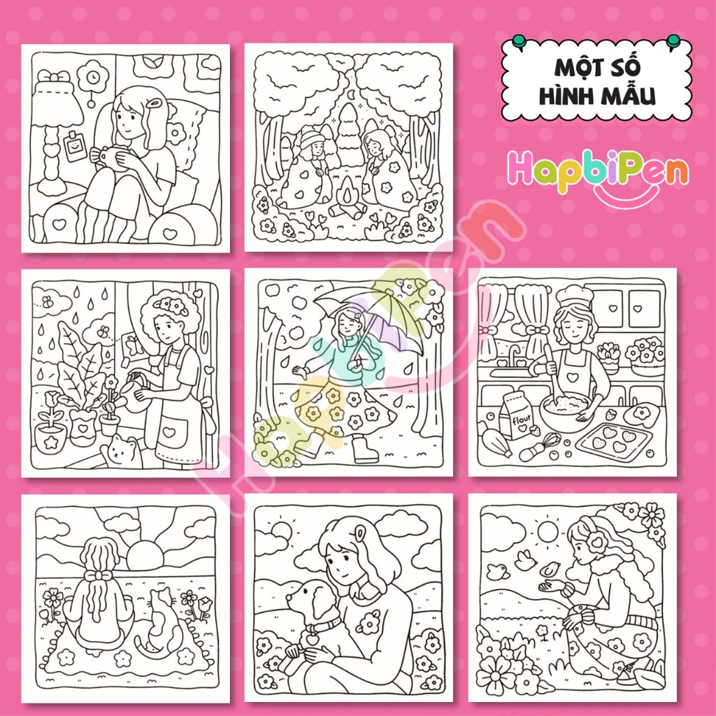 Tranh tô màu Cozy cho bé, Tranh vẽ thư giãn Kawai Moments of Calm 39 tờ rời A4 A5 COZY10