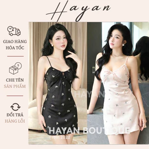 HT54 Váy ngủ sexy cổ yếm hoa tiết bướm kèm ĐỆM LÓT, đồ ngủ lụa xoè nhẹ tôn dáng HT54