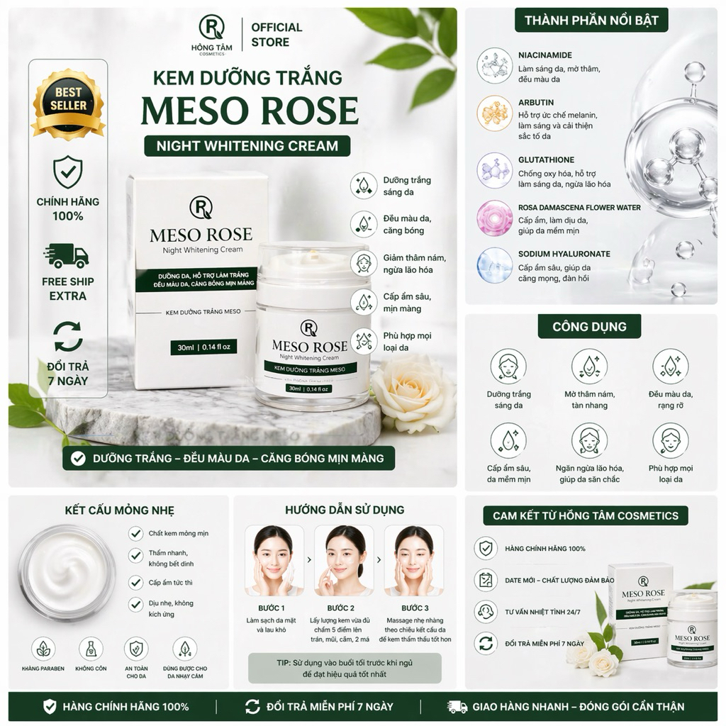Kem Dưỡng Đêm Meso Rose Mul Rose Chính Hãng Cấp Ẩm Sáng Mịn Da 30g