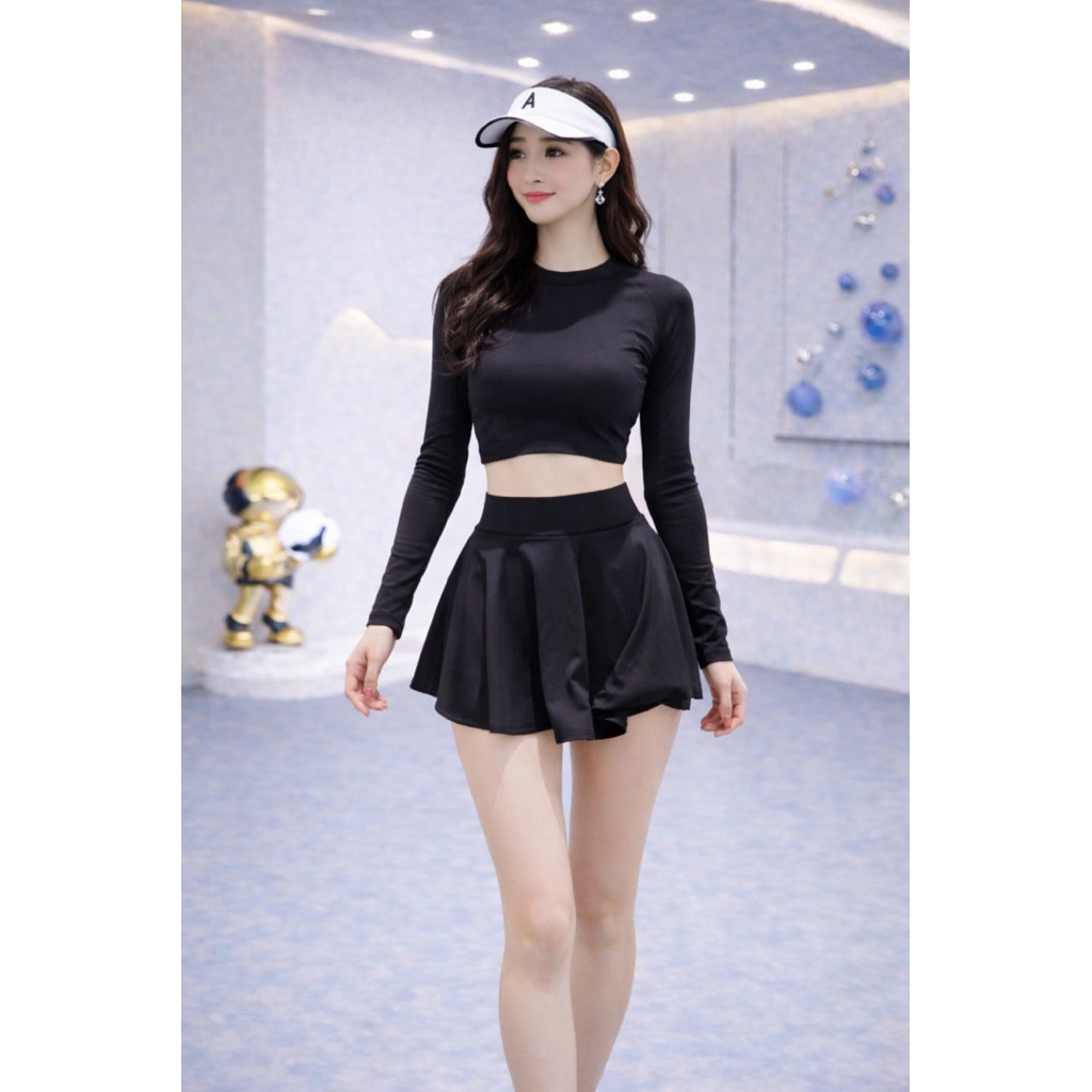 Bikini đi biển 2 mảnh áo váy kín đáo, có mút, đồ bơi nữ tay dài váy xòe, áo bơi croptop đủ size
