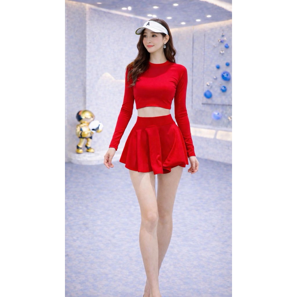 Bikini đi biển 2 mảnh áo váy kín đáo, có mút, đồ bơi nữ tay dài váy xòe, áo bơi croptop đủ size