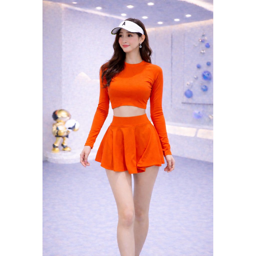 Bikini đi biển 2 mảnh áo váy kín đáo, có mút, đồ bơi nữ tay dài váy xòe, áo bơi croptop đủ size
