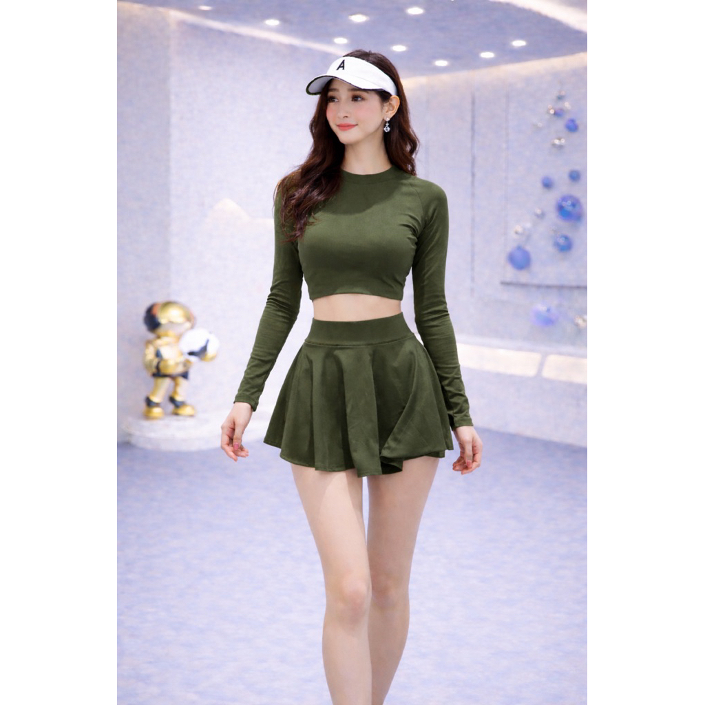 Bikini đi biển 2 mảnh áo váy kín đáo, có mút, đồ bơi nữ tay dài váy xòe, áo bơi croptop đủ size
