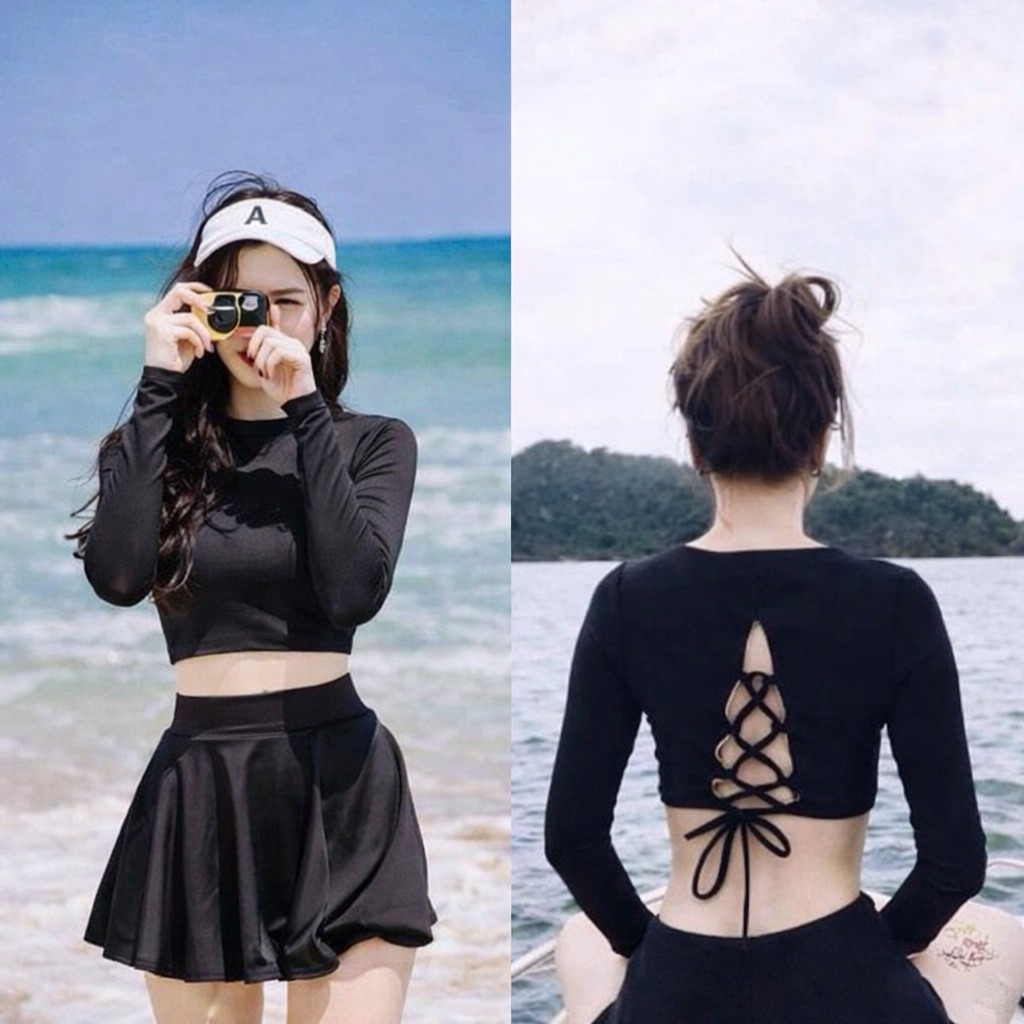 Bikini đi biển 2 mảnh áo váy kín đáo, có mút, đồ bơi nữ tay dài váy xòe, áo bơi croptop đủ size