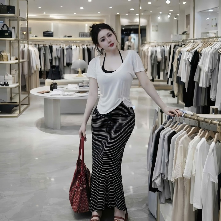 Sét áo đen yếm phối áo trắng+cv sọc đen dáng dài,chất thun zip lụa thời trang