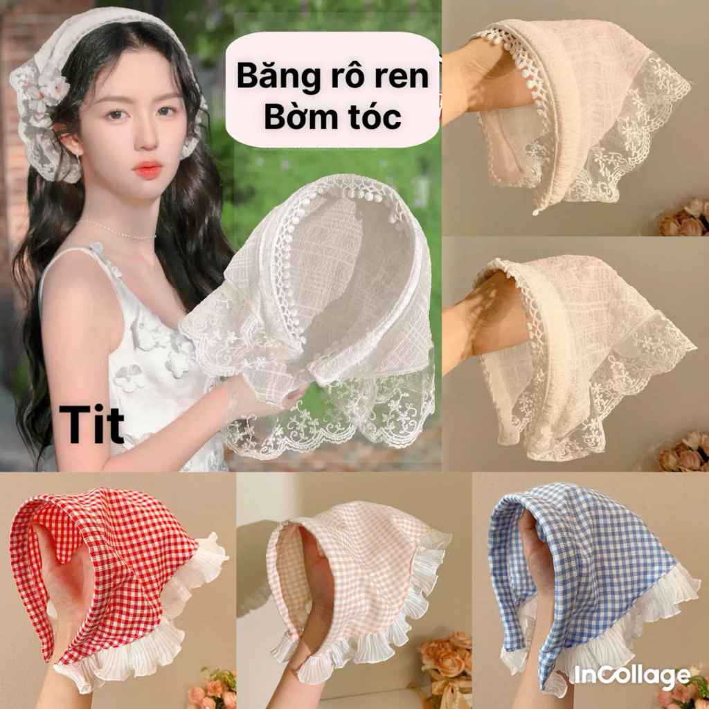 Bờm, băng đô đi biển kẻ caro, ren - Khăn trùm đầu dạng bờm cài tóc viền ren thiết kế hình tam giác