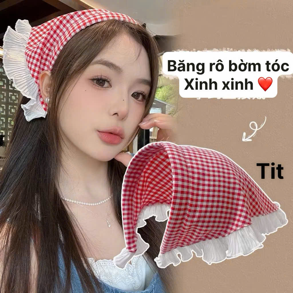 Bờm, băng đô đi biển kẻ caro, ren - Khăn trùm đầu dạng bờm cài tóc viền ren thiết kế hình tam giác