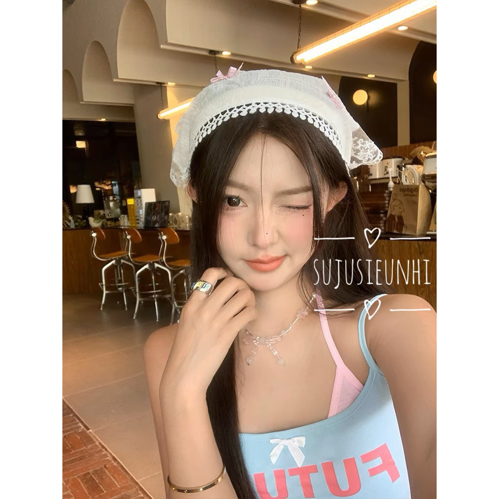 Bờm, băng đô đi biển kẻ caro, ren - Khăn trùm đầu dạng bờm cài tóc viền ren thiết kế hình tam giác