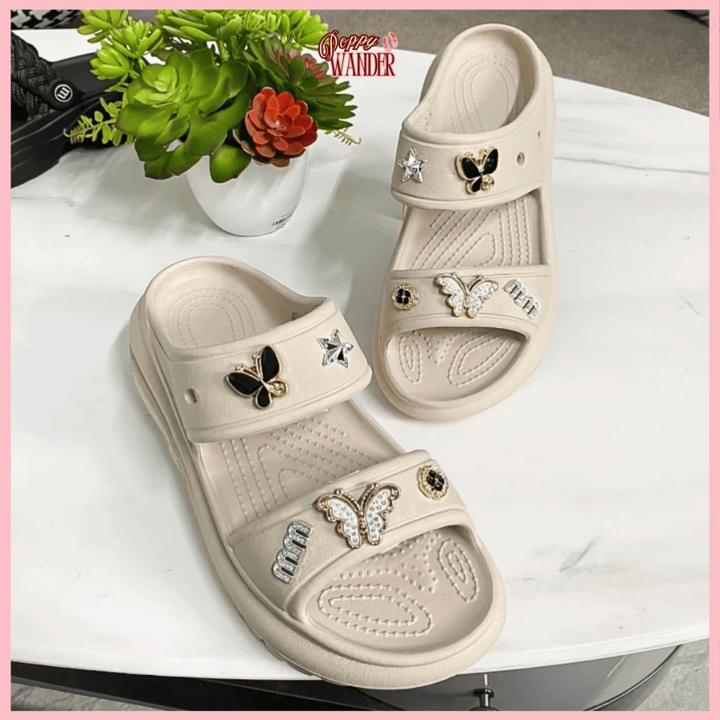 Dép Bánh Mì Nữ 2 Quai Ngang Đế Cao 6cm Gắn Charm Đá Sang Chảnh, Dép Sandal Đi Biển Chống Trượt 2026