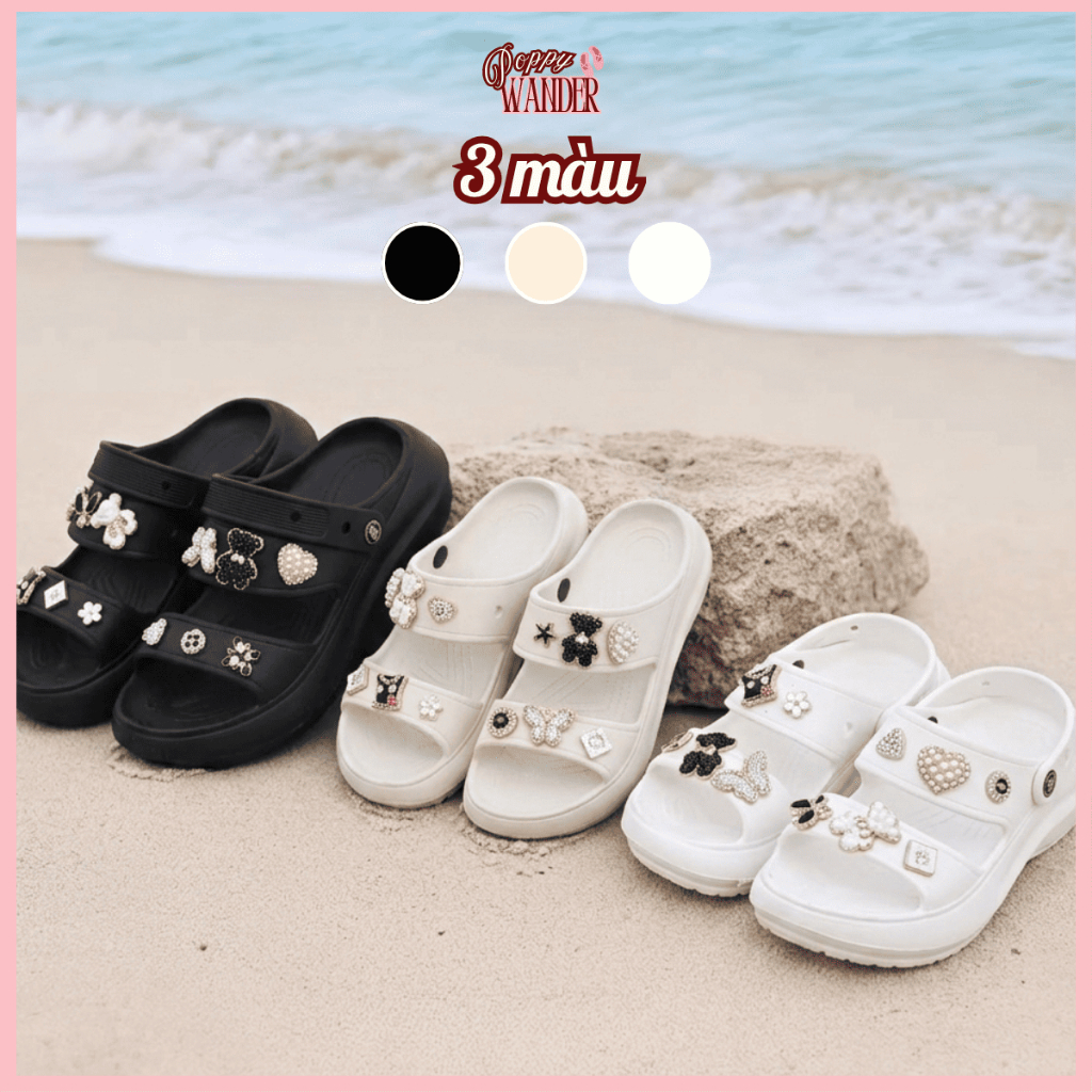 Dép Bánh Mì Nữ 2 Quai Ngang Đế Cao 6cm Gắn Charm Đá Sang Chảnh, Dép Sandal Đi Biển Chống Trượt 2026