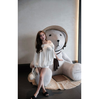 Áo Trễ Vai Chấm Bi Tay Dơi Mix Nơ Bông Gen Cao Cấp Đen Trắng