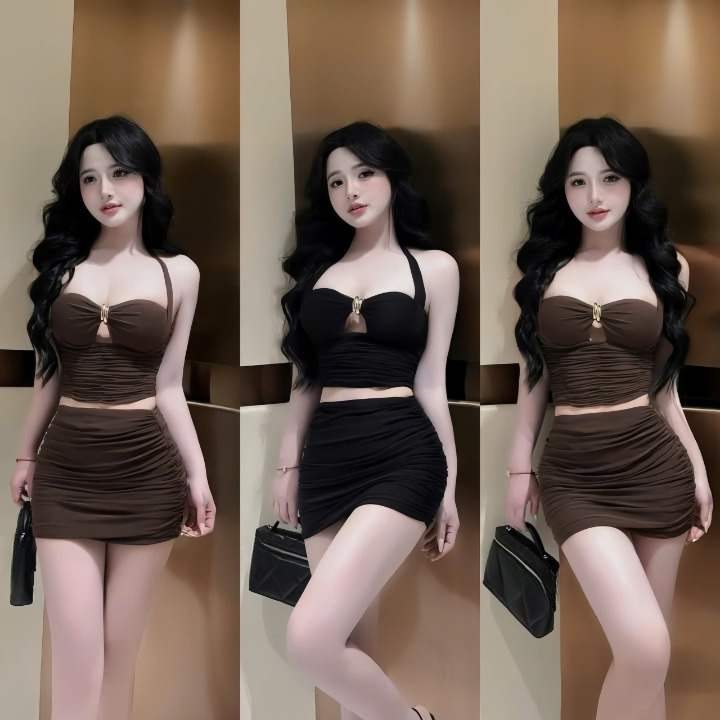 Sét áo dây yếm khoét giữa đính khoen + cv ngắn nhún 2 bên,chất thun Ladong thời trang